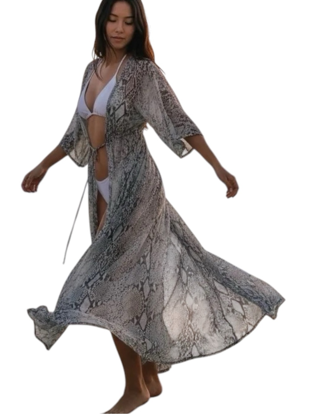 Custom Silk Organza Animal Print Maxi Duster Kimono Sheer Travel Robe XS S
